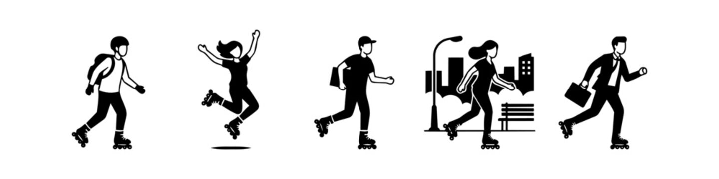 Flat vector icon set of diverse people rollerblading and inline skating, including a businessman, student, and delivery person. Minimalist black and white silhouettes on a white background.