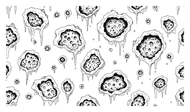 Organic biological cell pattern illustration, abstract fungal or crater texture with dripping liquid for scientific and dark aesthetic design
