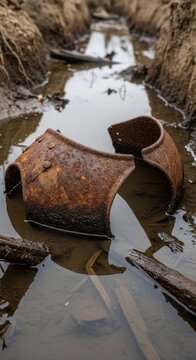 Rusted Metal Gorget Submerged in Muddy Water