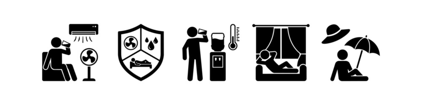 Set of black icons representing heatwave safety tips and cooling methods, including hydration, air conditioning, shade, and rest during hot summer weather.