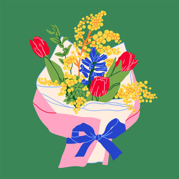 Beautiful Tulip, mimosa bouquet. Spring fresh flowers wrapped in gift paper with ribbon. Hand drawn trendy Vector illustration. Isolated floral design element. Invitation, card, print template