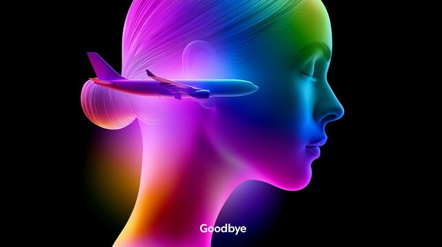 Seitliches Profilbild eines digitalen weiblichen Kopfes mit buntem, flie&szlig;endem Haar in Regenbogenfarben und einem Flugzeug auf hellem Hintergrund mit dem Wort &bdquo;Goodbye".