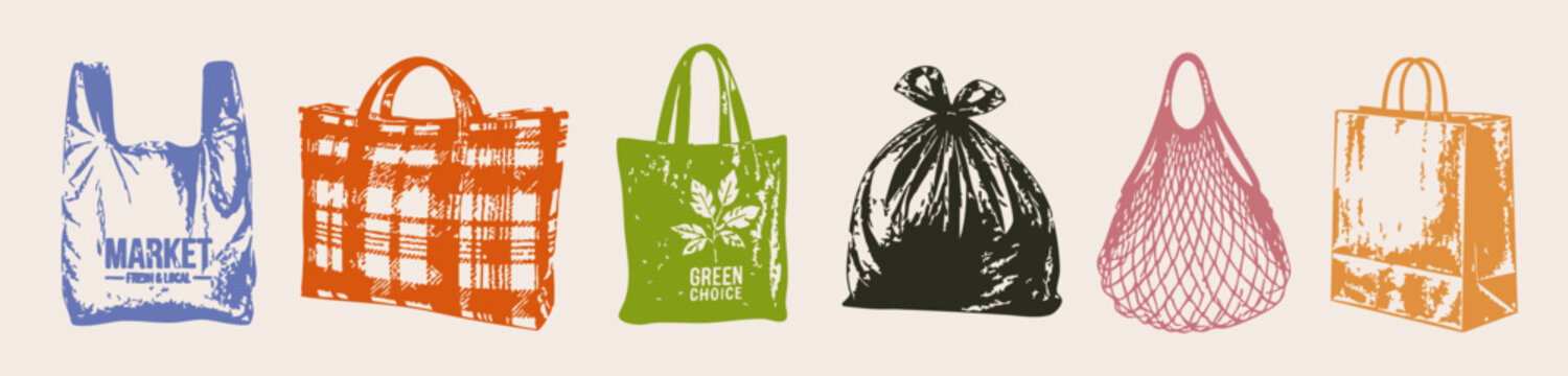 Various Bag set. Different type, material, shape. Plastic, paper grocery bag, net mesh shopper, tote bag, handbag, trash bag. Hand drawn Vector illustration. Isolated design elements 