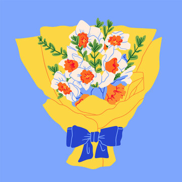 Beautiful Bouquet of Narcissus. Spring fresh flowers wrapped in gift paper with ribbon. Hand drawn trendy Vector illustration. Isolated floral design element. Invitation, card, print template