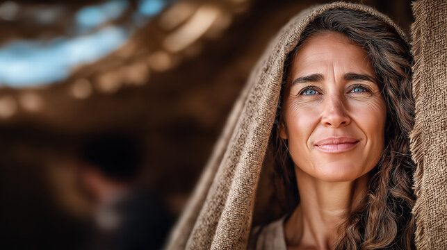 Sarah laughing inside the tent after hearing the promise, biblical scene of surprise, doubt, and divine prophecy, intimate and emotional moment