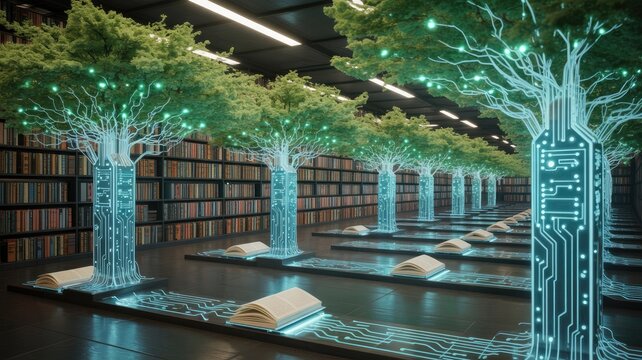 Futuristic library with glowing trees of knowledge blending nature and technology
