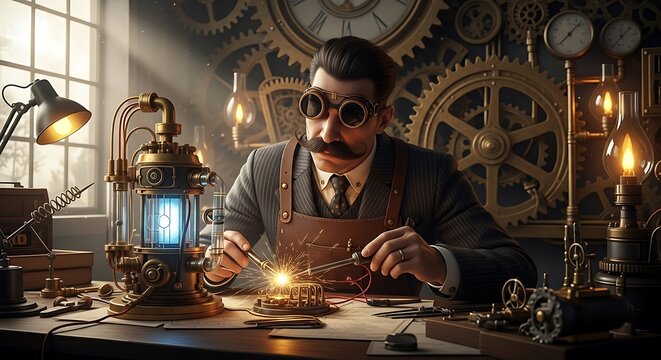 Steampunk Inventor Working on Timepiece.