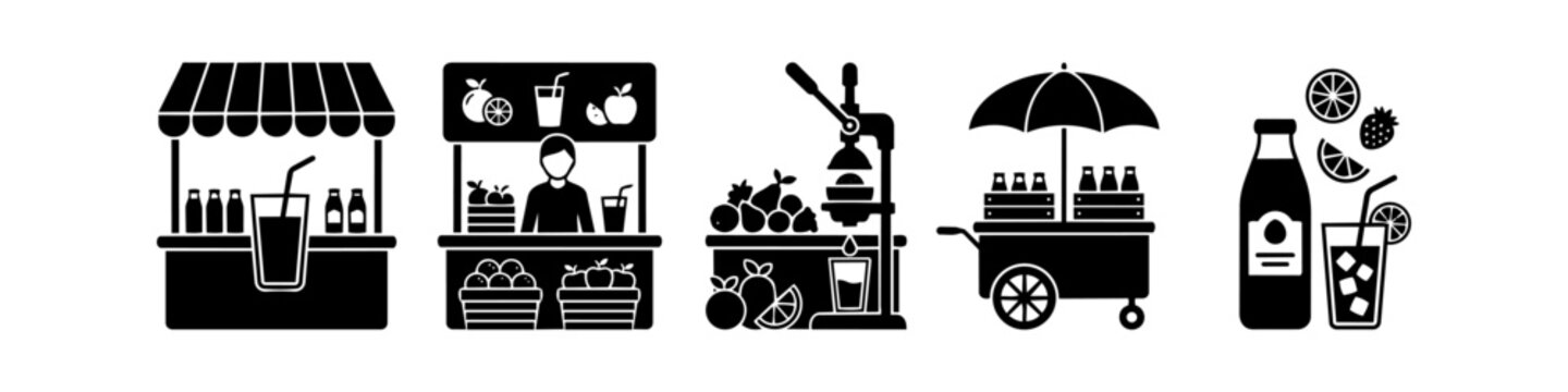 Set of black silhouette icons for juice bars and street stalls, including fruit stands, beverage carts, manual juicers, and fresh drinks. Perfect for cafe menus and business branding.
