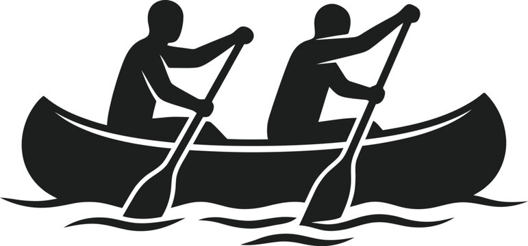Two people rowing canoe on wavy water with paddles