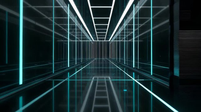 Sleek neon server corridor with reflective glass walls, teal grid lighting, and empty high tech data center architecture