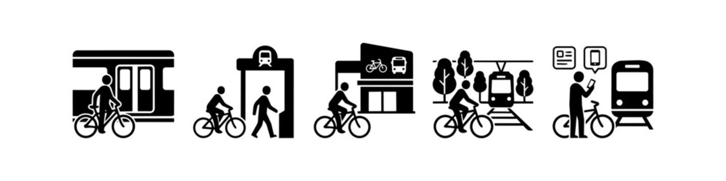 Set of vector icons illustrating intermodal transportation and urban mobility, showing people cycling to train stations and bus stops for sustainable city commuting and smart travel.