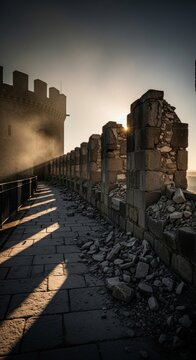 Ruined castle parapet at sunset with sunbeams