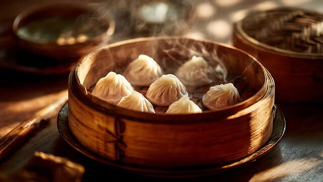 Steamed Dumplings in Bamboo Steamer Basket.