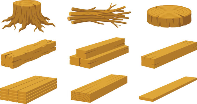Set of Wood and Lumber Icons Featuring Tree Stump, Branches, and Timber Planks for Forestry and Carpentry Designs
