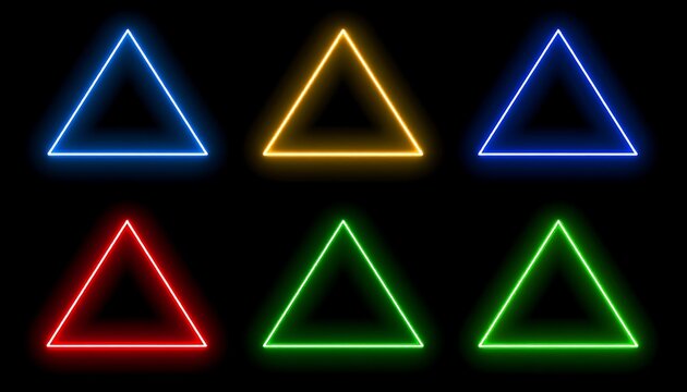 collection of six colorful neon triangles, glowing on a black background, geometric shapes, digital illustration