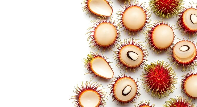 fresh sliced rambutan fruit with vibrant red spikes on white background minimalist food styling