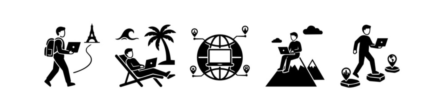 Set of black icons representing the digital nomad lifestyle, including remote work from a beach, a mountain peak, and traveling globally with a laptop. Ideal for flexible work concepts.
