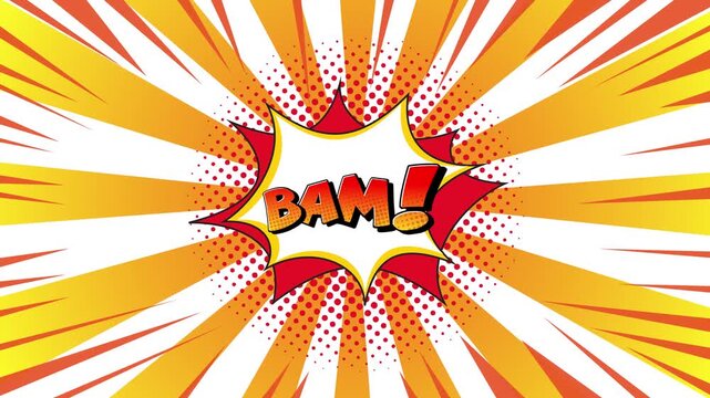 Dynamic comic book style burst with bam text and radial explosion animation.