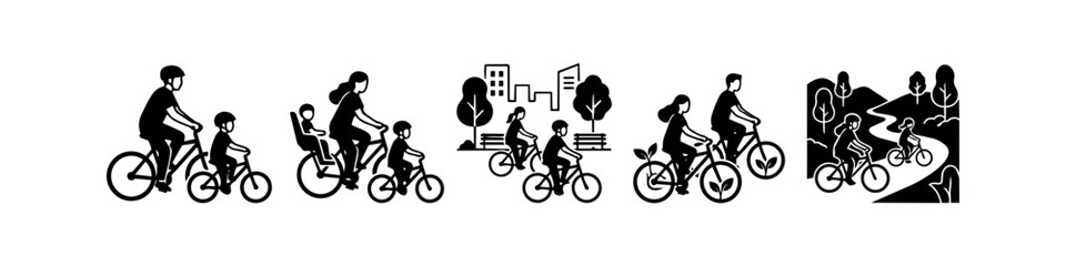 Fototapeta premium Set of flat vector icons showing people cycling in various scenarios: families, urban cityscapes, green eco-friendly biking, and nature trails. Ideal for health and sustainability concepts.