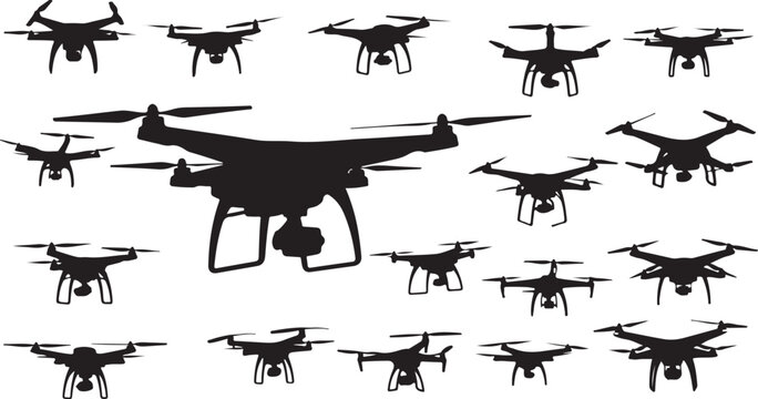 Set of drone silhouettes vector illustration with quadcopter