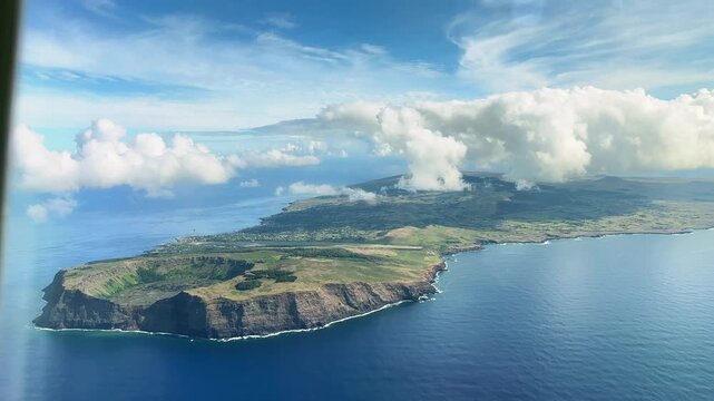 Easter Island and the Pacific Ocean as seen from an airplane, the crater lake at Rano Kau, November 2025