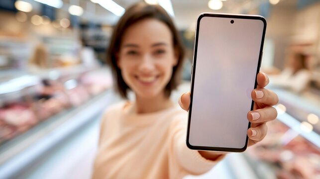 Junge Frau in einem Einkaufszentrum h&auml;lt ein Smartphone mit leerem wei&szlig;en Bildschirm in die Kamera.