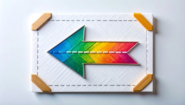 Colorful arrow pointing left made of threads on a white textured board with dashed lines and corner protectors, symbol of direction and choice