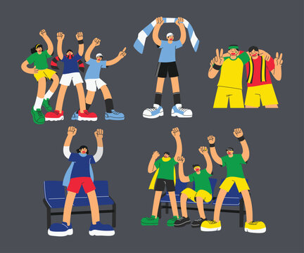 Flat vector illustration set of football and soccer fan groups cheering with raised fists, fan holding scarf, two fans with victory signs, solo fan on bench, and group fans on stadium bench.