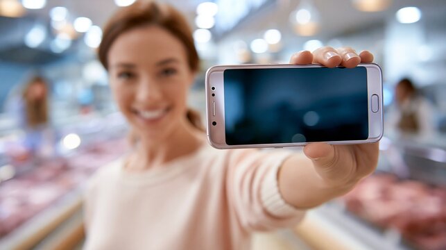 Eine l&auml;chelnde Frau h&auml;lt ein Smartphone mit leerem Bildschirm in einem Supermarkt in die Kamera.