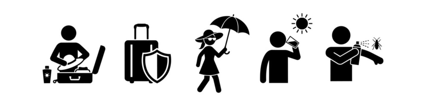 A set of black vector icons illustrating travel safety tips: packing essentials, insurance, sun protection with umbrella and hat, hydration, and applying insect repellent for a safe vacation.