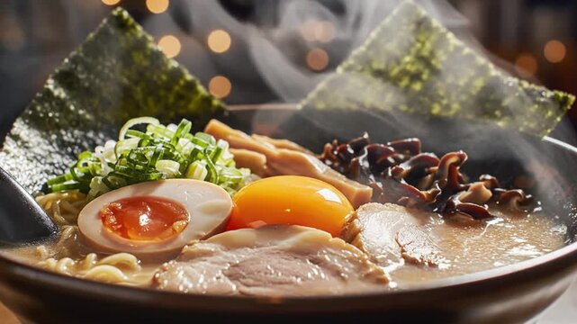A steaming bowl of Japanese tonkotsu ramen featuring sliced chashu pork, a soft-boiled marinated egg, raw egg yolk, bamboo shoots, wood ear mushrooms, nori, and chopped green onions.