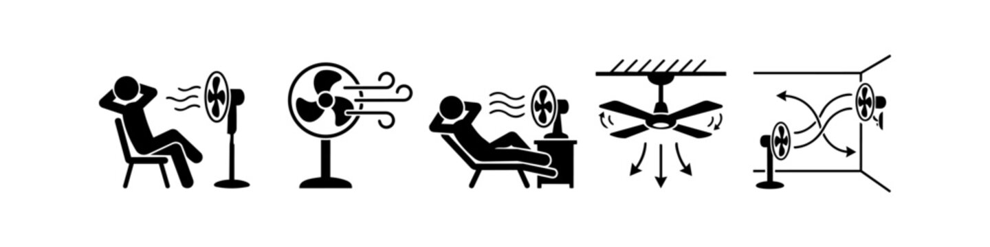 Set of black icons representing electric fans and home cooling. Includes people relaxing with floor and table fans, ceiling fan rotation, and indoor air circulation pictograms.