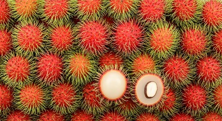 Fototapeta premium vibrant red spiky lychee fruits with peeled white flesh on green textured background for summer tropical freshness