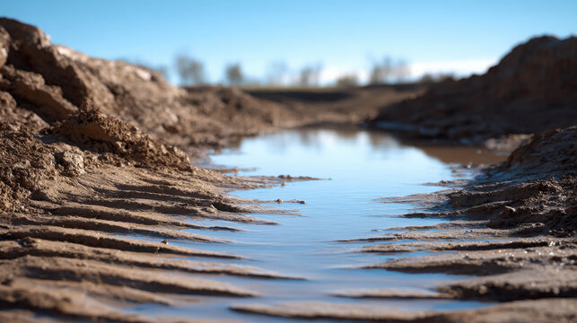 A close-up view of a puddle reflecting the sky with tire tracks on the surrounding earth. The tire marks indicates the trail of heavy equipment 