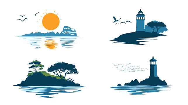 Four stylized seascape illustrations, featuring islands, lighthouses, sun, birds, and water reflections