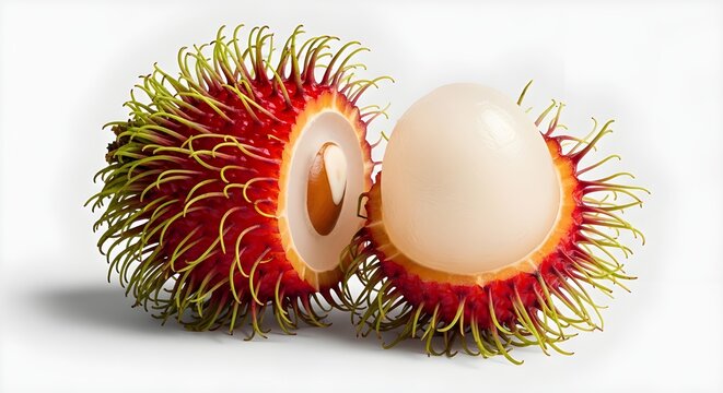vibrant rambutan fruit cut open revealing juicy white flesh on white background minimalist food photography