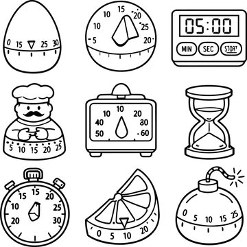 Black and white illustration of various time and timer icons including egg timer stopwatch