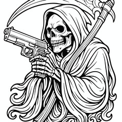 Naklejka premium Detailed black and white illustration of a skeleton grim reaper holding a handgun and a large sharpened metal scythe blade