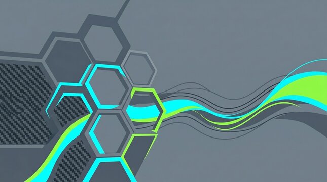 Modern abstract digital background with geometric hexagons, diagonal lines, and waving cyan and green stripes on a grey field