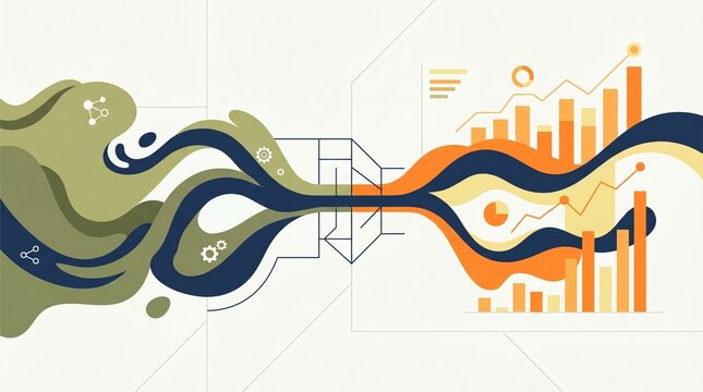 Flat vector illustration of unstructured fluid data flowing through a funnel and transforming into organized business charts representing data analysis