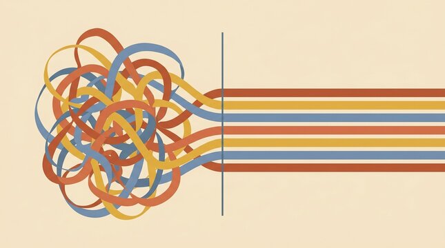 Flat vector illustration of tangled colorful lines transforming into straight organized parallel lines representing problem solving and simplifying chaos