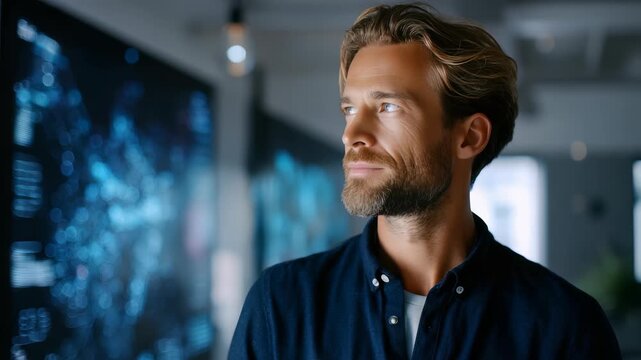 A stylish male entrepreneur gazes into the distance in a high tech workspace, surrounded by glowing data displays. The scene captures ambition, technology, and forward thinking business vision