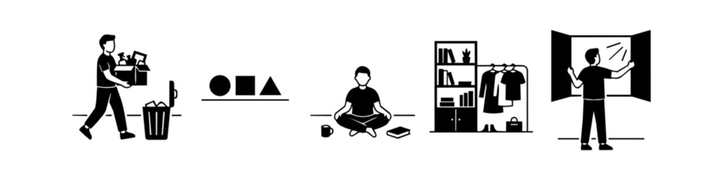 Minimalist vector illustration set showing decluttering, home organization, and mindfulness. Black and white scenes of a man tidying up, meditating, and simplifying his lifestyle.