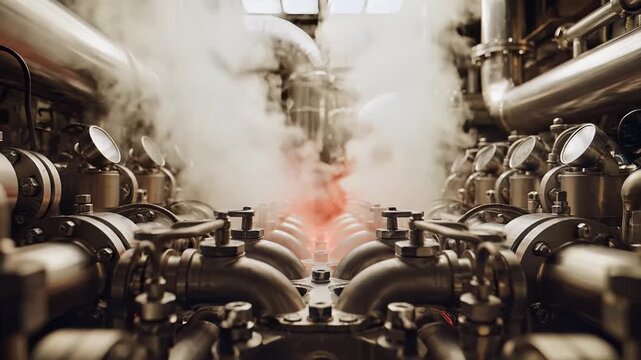 Industrial Steam Engine Machinery with Visible Steam and Pipes.