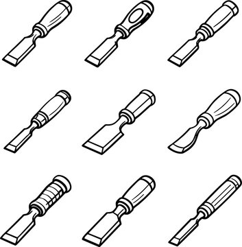 Set of nine various woodworking chisels in a black and white line drawing style isolated