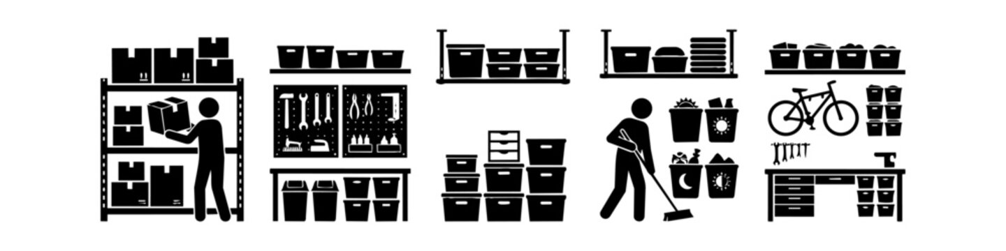 Silhouette icons of garage organization and storage solutions, featuring people moving boxes, shelving units, workbenches, tools, and recycling bins for warehouse or home decluttering themes.