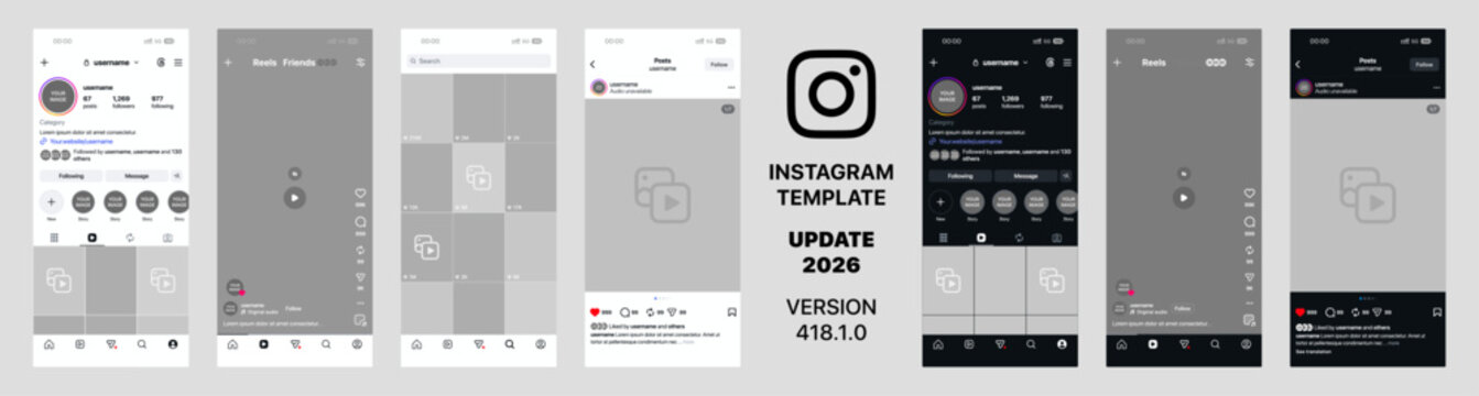 Instagram 2026 UI mockup template including Profile, Home, Post and Reels screens with transparent layouts in light and dark mode, editable vector design for modern app presentation.