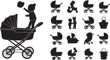 Obraz premium Baby stroller silhouettes and infant care icons set