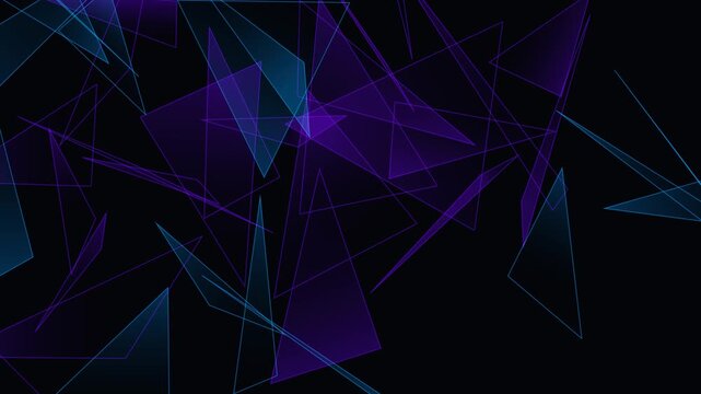 This abstract motion background features a dynamic, ever-changing arrangement of translucent purple and blue triangles against a dark backdrop.
