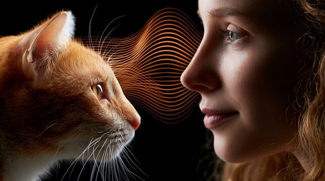 Eine junge Frau und eine orange-wei&szlig;e Katze sind von Angesicht zu Angesicht, verbunden durch abstrakte Schallwellen.